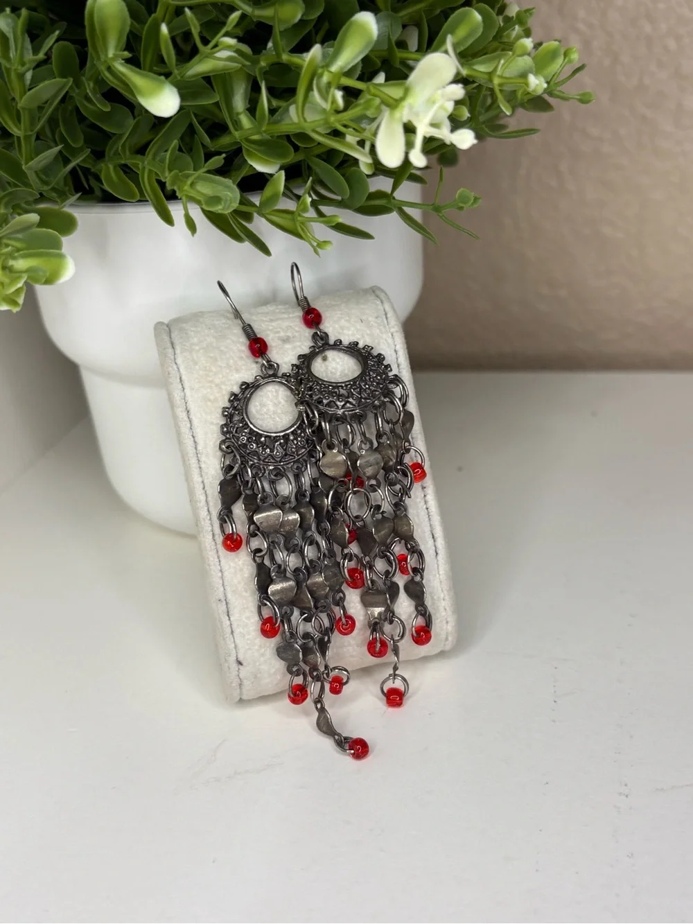 Vintage Boho Silver Chandelier Dangle Earrings Red Bead Fringe Statement